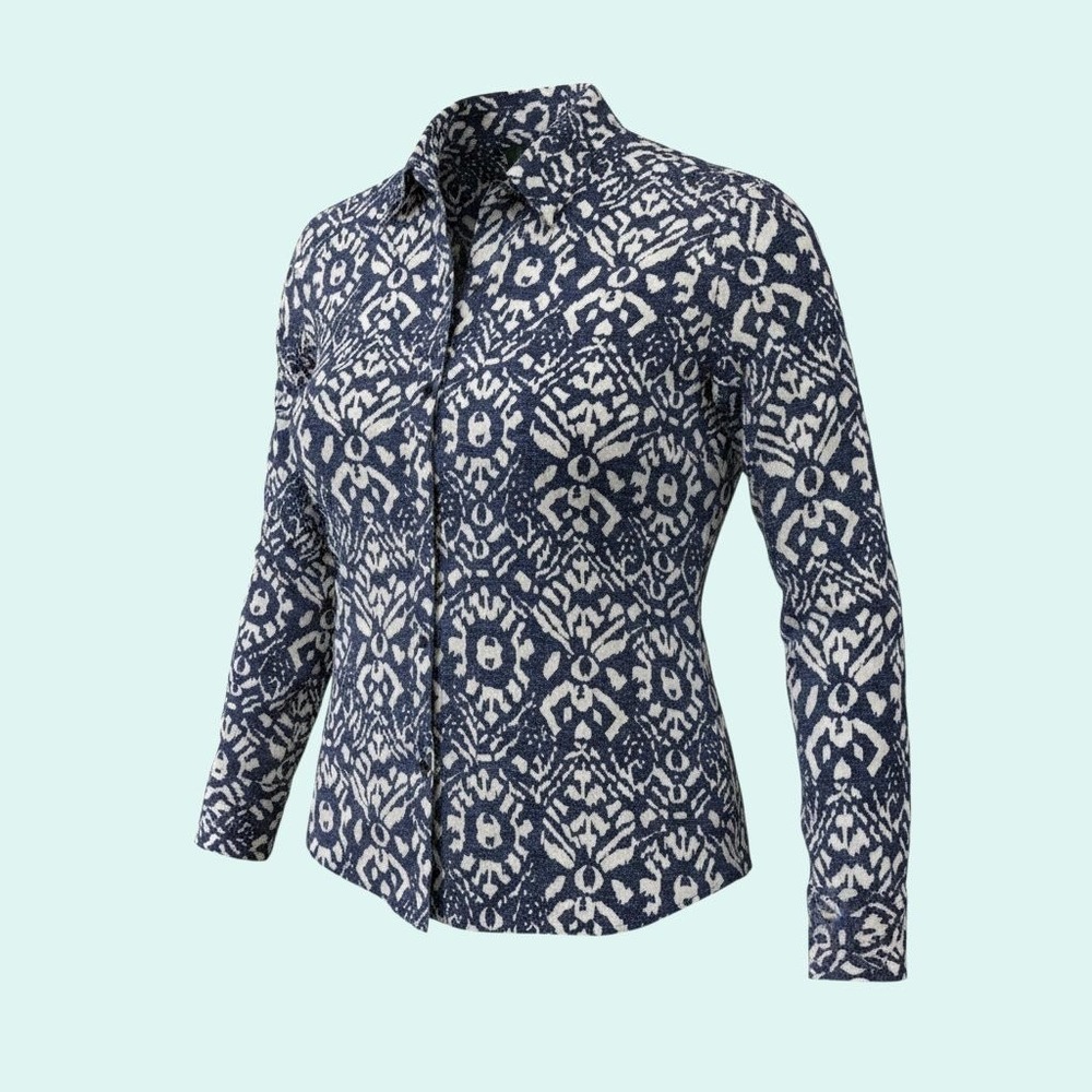 LAUREN RALPH LAUREN Women's Navy White Geometric Non Iron Shirt Blouse XL